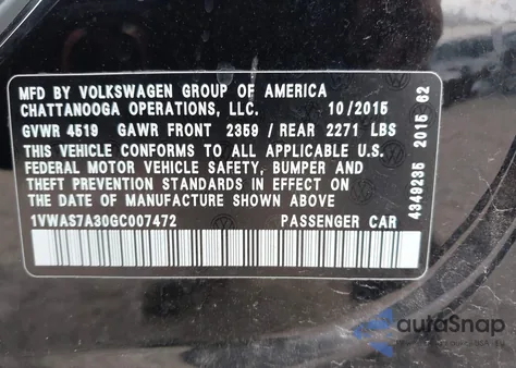 2016 Volkswagen Passat 1.8T S from USA, damaged, VIN 1VWAS7A30GC007472